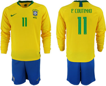 2018-19 Brazil 11 P. COUTINHO Home Long Sleeve Soccer Jersey