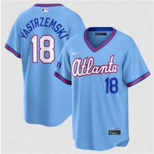 Atlanta Braves 18 Mike Yastrzemski Powder Blue 2026 City Connect Cool Base Men Jersey Atlanta Braves 18 Mike Yastrzemski Powder Blue 2026 City Connect Cool Base Men Jersey