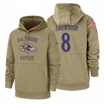 Baltimore Ravens #8 Lamar Jackson Nike Tan 2019 Salute To Service Name & Number Sideline Therma Pullover Hoodie