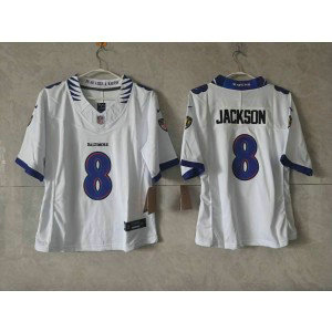 Baltimore Ravens 8 Lamar Jackson White 2026 New F.U.S.E. Vapor Limited Women Jersey