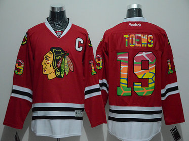 Blackhawks 19 Jonathan Toews Red Colorful Letters Reebok Jersey