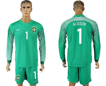 Brazil 1 ALISSON Green Goalkeeper 2018 FIFA World Cup Long Sleeve Soccer Jersey