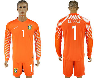 Brazil 1 ALISSON Orange Goalkeeper 2018 FIFA World Cup Long Sleeve Soccer Jersey