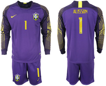 Brazil 1 ALISSON Purple Long Sleeve Goalkeeper Soccer Jersey