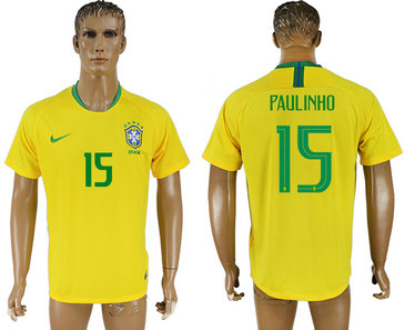 Brazil 15 PAULINHO Home 2018 FIFA World Cup Thailand Soccer Jersey Brazil 15 PAULINHO Home 2018 FIFA World Cup Thailand Soccer Jersey