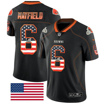 Browns #6 Baker Mayfield Black Men's Stitched Football Limited Rush USA Flag Jersey Browns #6 Baker Mayfield Black Men's Stitched Football Limited Rush USA Flag Jersey