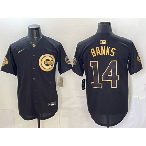 Chicago Cubs 14 Banks Black Gold Cool Base Men Jersey with 150th Patch