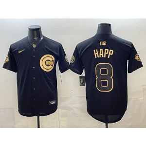 Chicago Cubs 8 Happ Black Gold Cool Base Men Jersey with 150th Patch