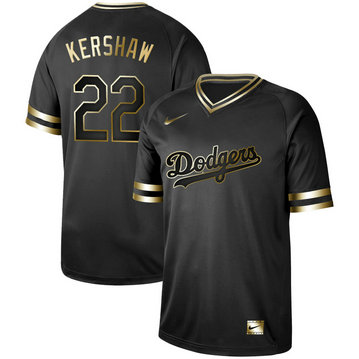 Dodgers #22 Clayton Kershaw Black Gold Nike Cooperstown Collection Legend V Neck Jersey