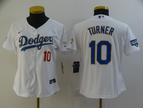 Dodgers 10 Justin Turner White Women Nike 2021 Gold Program Cool Base Jersey
