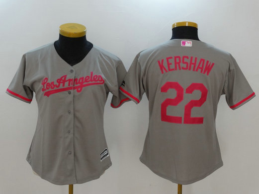 Dodgers 22 Clayton Kershaw Gray Women Mother's Day Cool Base Jersey