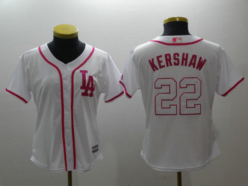 Dodgers 22 Clayton Kershaw White Pink Women Cool Base Jersey