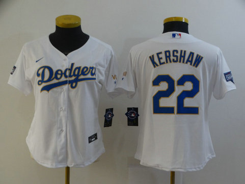 Dodgers 22 Clayton Kershaw White Women Nike 2021 Gold Program Cool Base Jersey