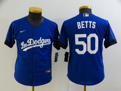 Dodgers 50 Mookie Betts Royal Youth 2021 City Connect Cool Base Jersey