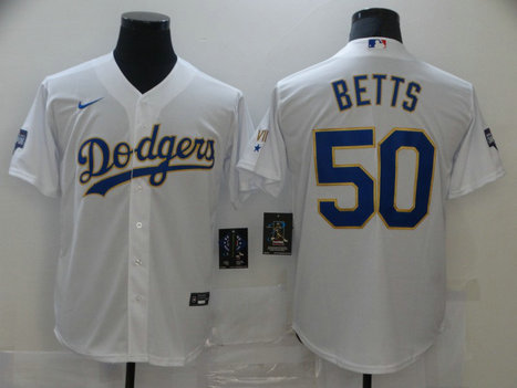 Dodgers 50 Mookie Betts White Nike 2021 Gold Program Cool Base Jersey