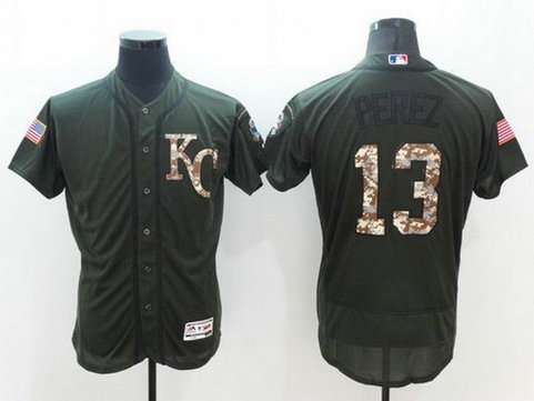 Kansas City Royals #13 Salvador Perez Green Salute To Service 2016 Flexbase Majestic Baseball Jersey