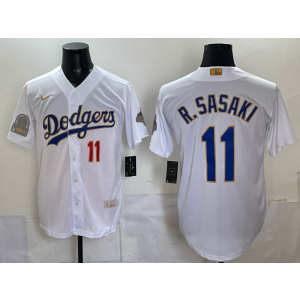 Los Angeles Dodgers 11 R.Sasaki White Gold World Series Champion Cool Base Men Jersey Los Angeles Dodgers 11 R.Sasaki White Gold World Series Champion Cool Base Men Jersey