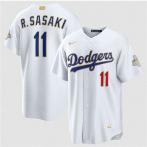 Los Angeles Dodgers 11 Roki Sasaki White 2026 Gold Champion Cool Base Men Jersey Los Angeles Dodgers 11 Roki Sasaki White 2026 Gold Champion Cool Base Men Jersey