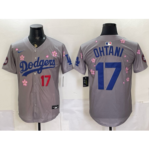 Los Angeles Dodgers 17 Ohtani Grey Cherry Cool Base Men Jersey Los Angeles Dodgers 17 Ohtani Grey Cherry Cool Base Men Jersey