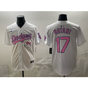 Los Angeles Dodgers 17 Ohtani White Pink Cool Base Men Jersey