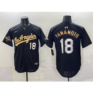Los Angeles Dodgers 18 Yamamoto Black Gold Champion Cool Base Men Jersey