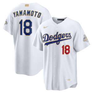 Los Angeles Dodgers 18 Yoshinobu Yamamoto White 2026 Gold Champion Cool Base Men Jersey