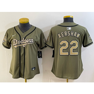 Los Angeles Dodgers 22 Kershaw Olive Salute to Service Cool Base Women Jersey