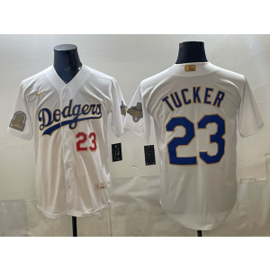 Los Angeles Dodgers 23 Tucker White Gold World Series Champion Cool Base Men Jersey