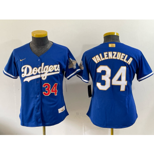 Los Angeles Dodgers 34 Valenzuela Blue Gold Champion Cool Base Women Jersey