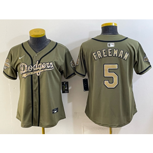 Los Angeles Dodgers 5 Freeman Olive Salute to Service Cool Base Women Jersey