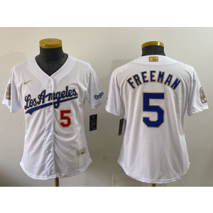Los Angeles Dodgers 5 Freeman White Gold Champion Cool Base Women Jersey