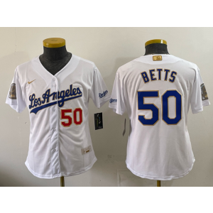 Los Angeles Dodgers 50 Betts White Gold Champion Cool Base Women Jersey
