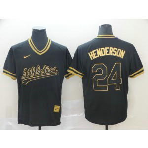 MLB Athletics 24 Rickey Henderson Black Gold Nike Cooperstown Legend V Neck Men Jersey