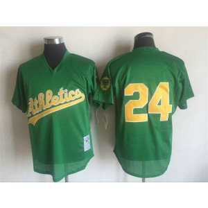 MLB Athletics 24 Rickey Henderson Green Mitchell and Ness Throwback Men Jersey