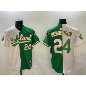 MLB Athletics 24 Rickey Henderson Green White Split Nike Cool Base Men Jersey