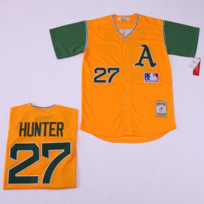 MLB Athletics 27 Catfish Hunter Yellow Retro Throwback Men Jersey