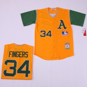 MLB Athletics 34 Rollie Fingers Yellow Retro Throwback Men Jersey