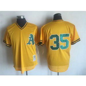 MLB Athletics 35 Landon Powell Yellow Mitchell and Ness Throwback Men Jersey