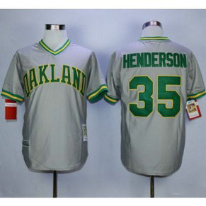 MLB Athletics 35 Rickey Henderson Grey Mitchell and Ness Men Jersey