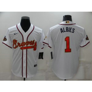 MLB Braves 1 ALBIES 2022 White Gold Nike Cool Base Men Jersey