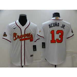 MLB Braves 13 Ronald Acuna 2022 White Gold Nike Cool Base Men Jersey MLB Braves 13 Ronald Acuna 2022 White Gold Nike Cool Base Men Jersey