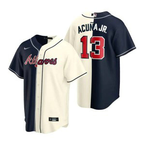 MLB Braves 13 Ronald Acuna Jr. Navy Cream Spilt Nike Cool Base Men Jersey