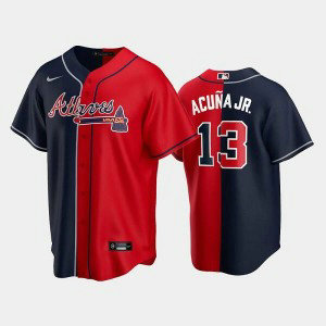 MLB Braves 13 Ronald Acuna Jr. Navy Red Spilt Nike Cool Base Men Jersey