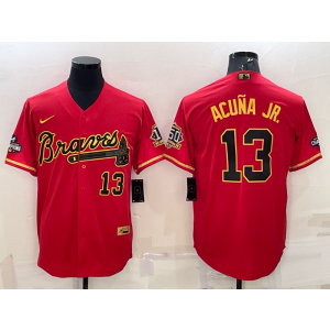 MLB Braves 13 Ronald Acuna Jr Red Gold Nike Cool Base Men Jersey