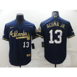 MLB Braves 13 Ronald Acuna Navy Gold Nike Cool Base Men Jersey
