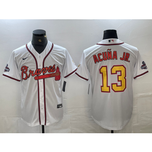 MLB Braves 13 Ronald Acuna White Gold Nike Cool Base Men Jersey