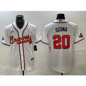 MLB Braves 20 Ozuna White Gold Champion Nike Cool Base Men Jersey MLB Braves 20 Ozuna White Gold Champion Nike Cool Base Men Jersey
