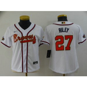 MLB Braves 27 Riley 2022 White Gold Nike Cool Base Women Jersey