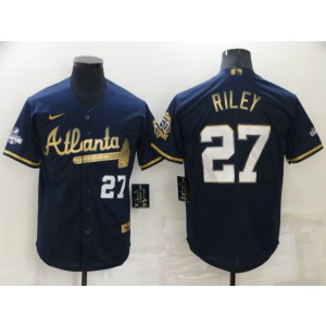 MLB Braves 27 Riley Navy Gold Nike Cool Base Men Jersey