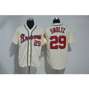 MLB Braves 29 John Smoltz Cream Mitchell and Ness Throwback Men Jersey